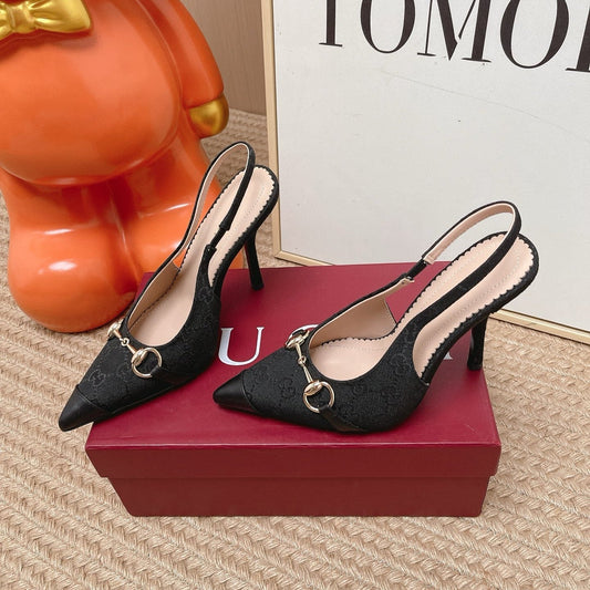 GG 26s Slingback Pump 10.5cm With Horsebit Black Leather Canvas 901313