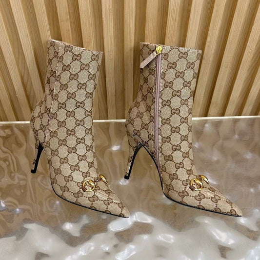 Gucci 2025 Thick-heeled Square-toed Ankle Boots Beige Gold Sheepskin Fabric 498067