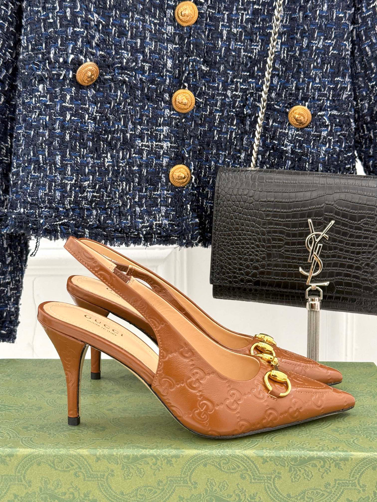 GG Horsebit Slingback 85MM Brown GG Leather Point Toe
