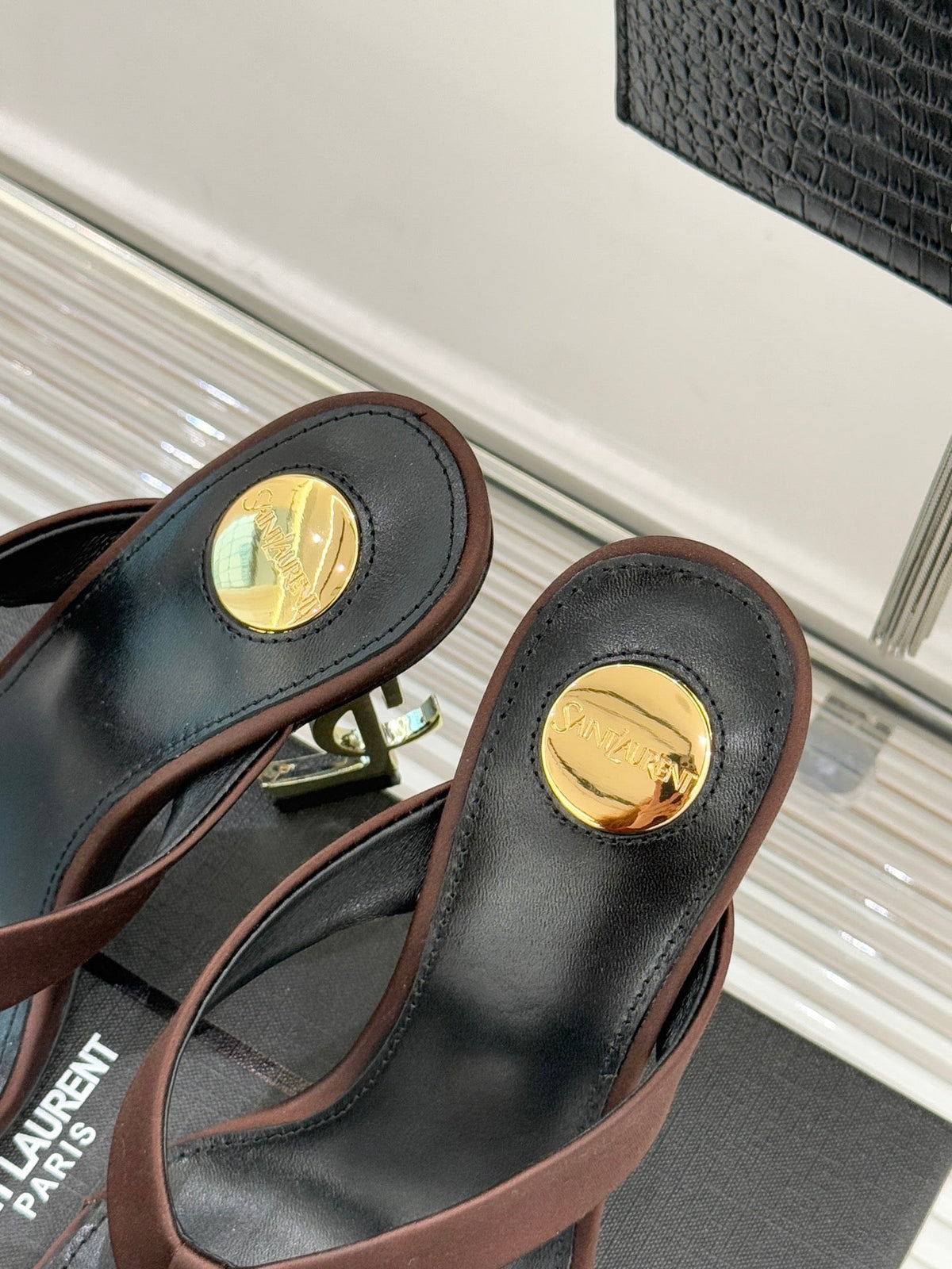 YSL Opyum Mule Sandals 8.5cm Dark Brown Satin Leather 642924