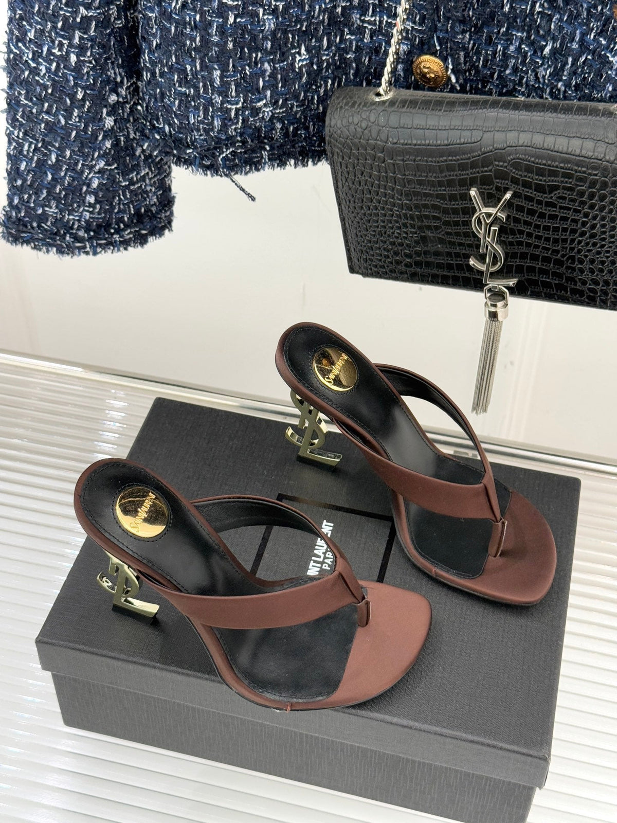 YSL Opyum Mule Sandals 8.5cm Dark Brown Satin Leather 642924
