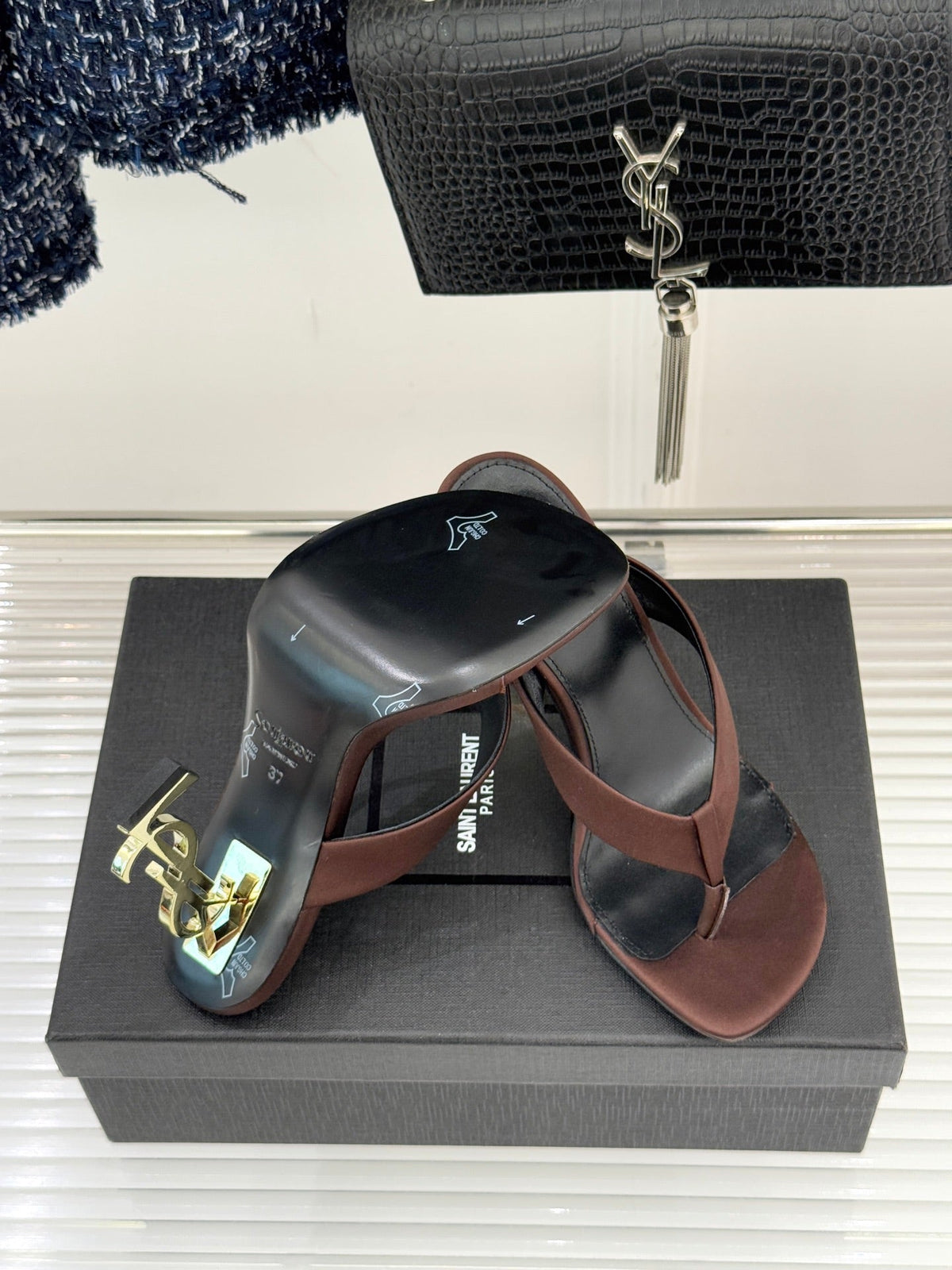 YSL Opyum Mule Sandals 8.5cm Dark Brown Satin Leather 642924