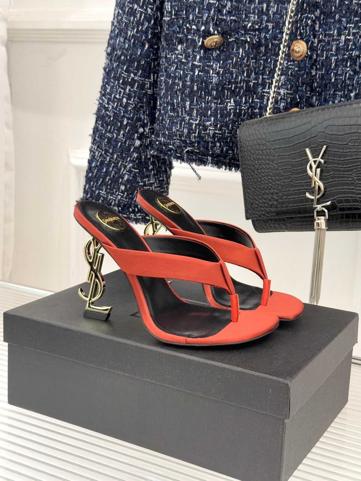 YSL Opyum Mule Sandals 8.5cm Orange Satin Leather