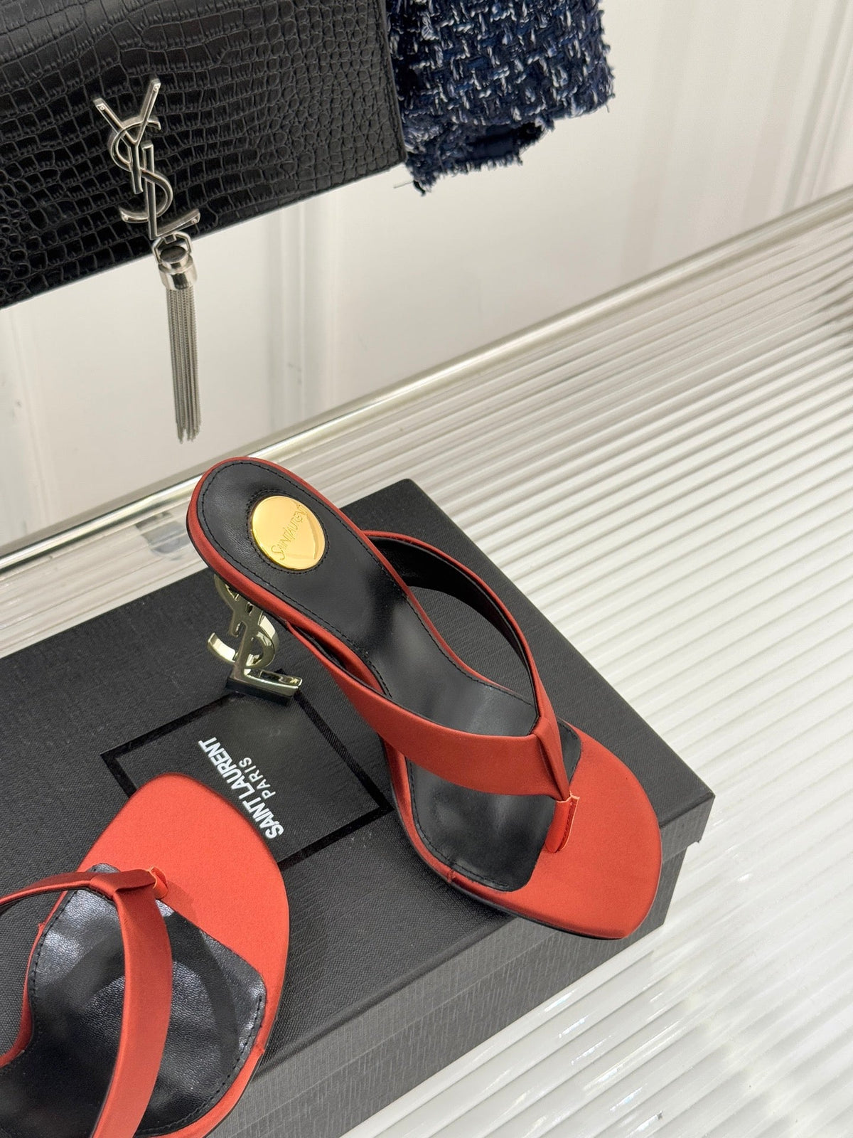 YSL Opyum Mule Sandals 8.5cm Orange Satin Leather