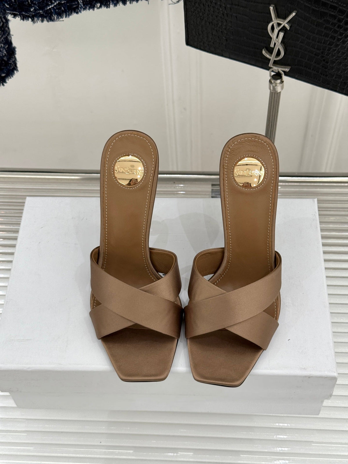 YSL Opyum Sandal 85 Brown Silk Leather 642941