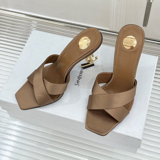 YSL Opyum Sandal 85 Brown Silk Leather 642941