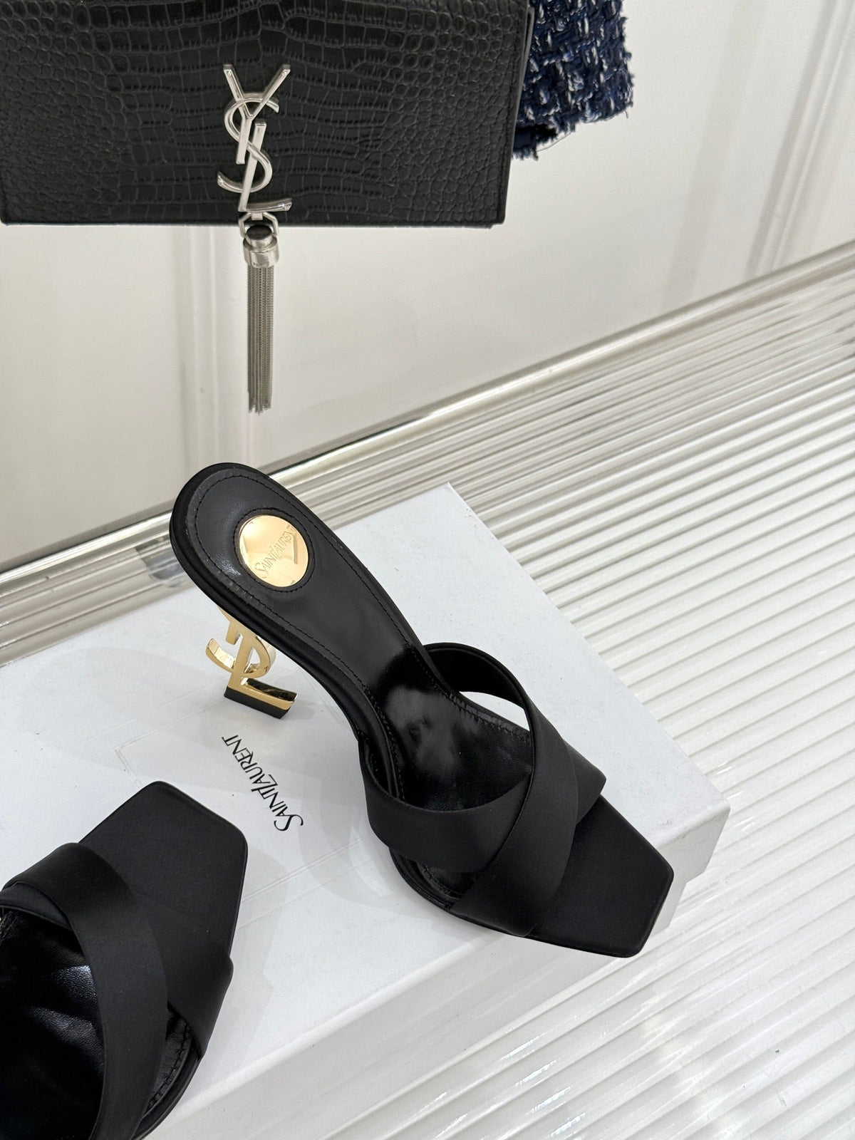 YSL Opyum Sandal 85 Black Silk Leather 642942