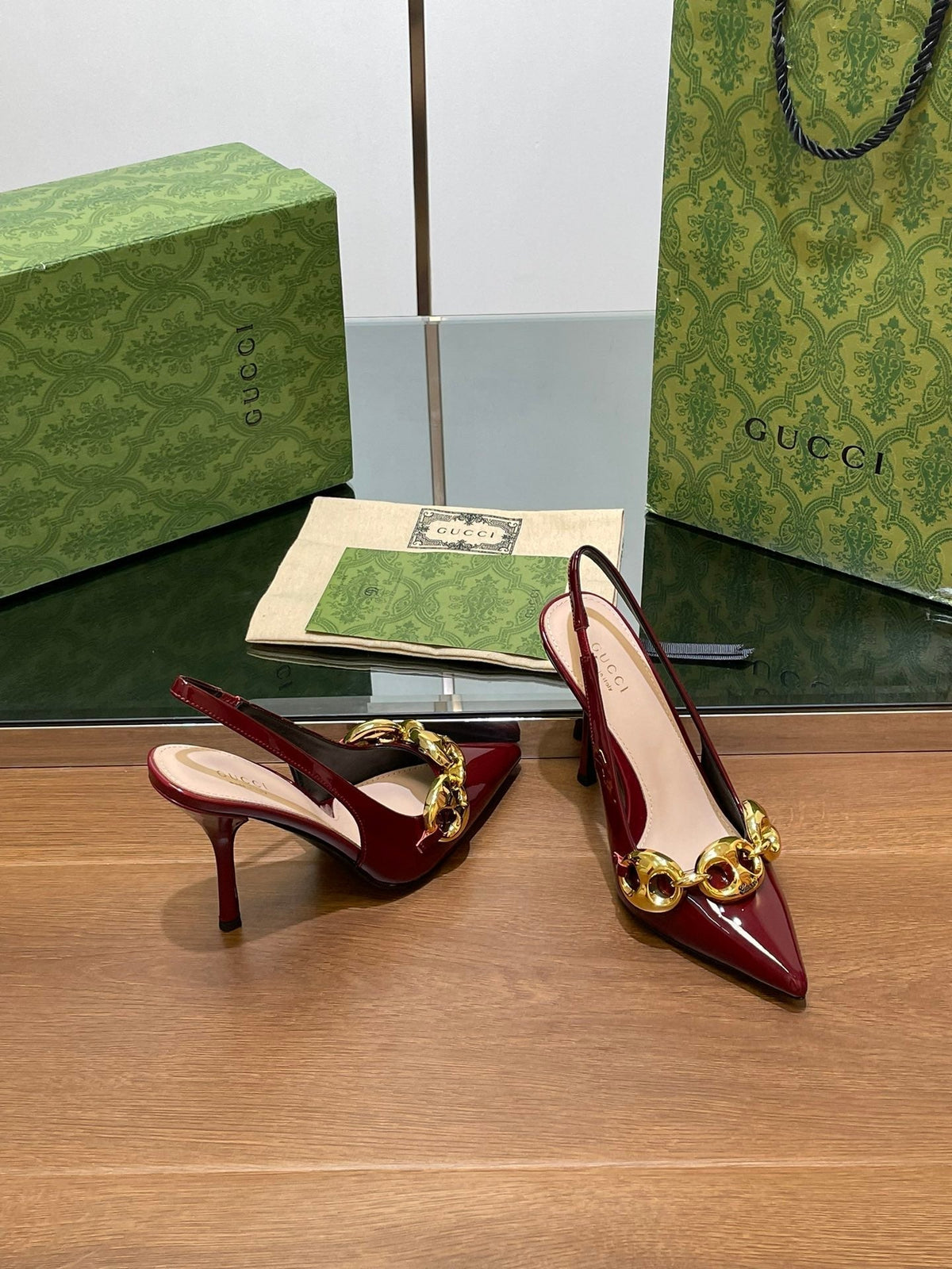 GG HIGH SLINGBACK 10.5 CM IN WINE RED GLOSSY CALFSKIN