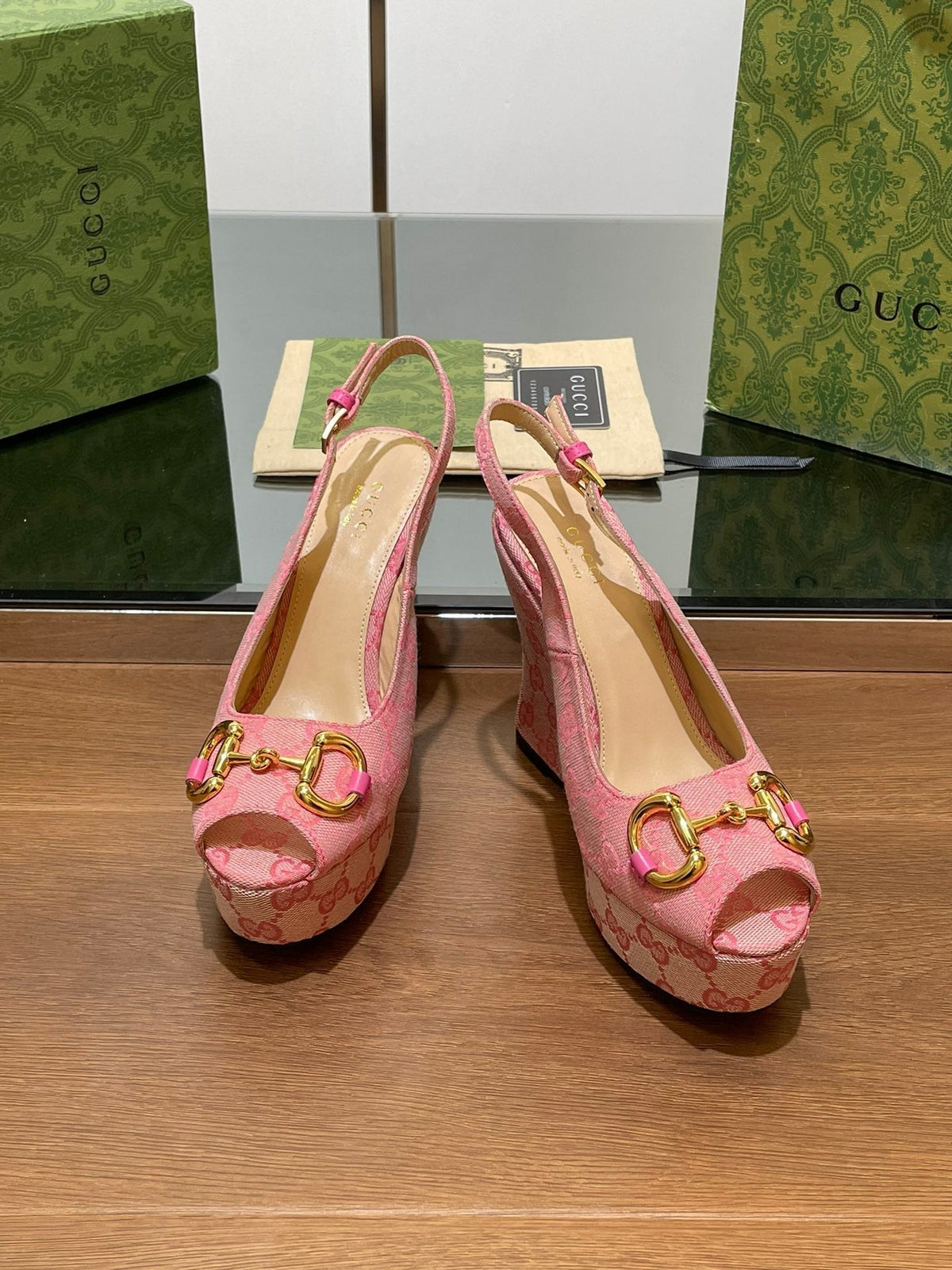 GG WEDGE PLATFORM IN LIGHT PINK MONOGRAM JACQUARD FABRIC