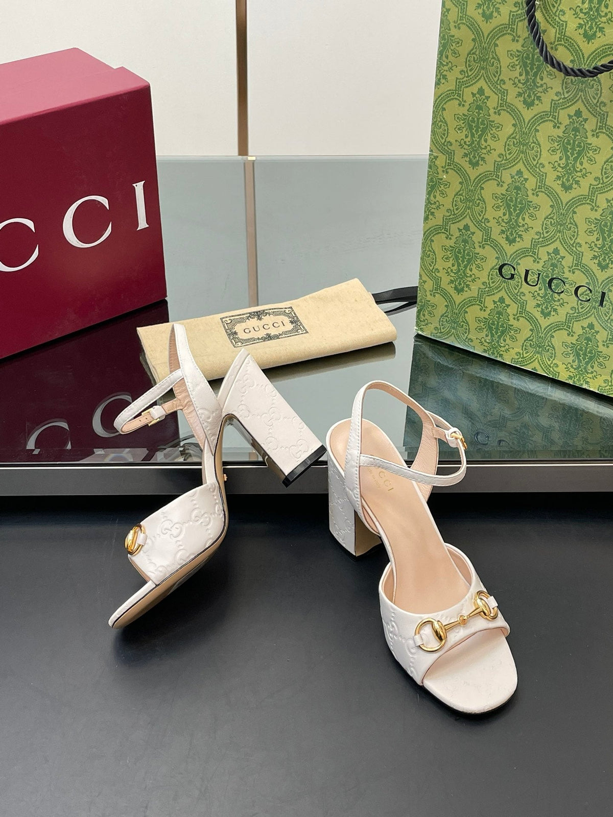 GG Women Horsebit Embossed High Heel Sandal Open Toe Cream Sheepskin 149223
