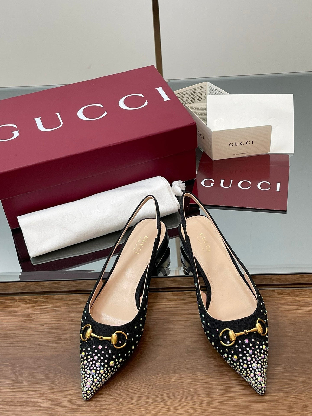 GG Horsebit Slingback Flat Black Ebony Monogram Canvas Point Toe Crystal-Embellished