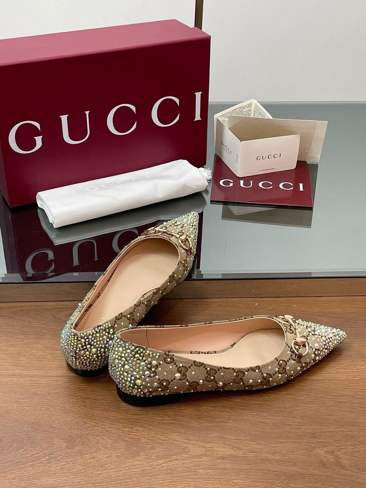 GG Horsebit Ballet Flat Beige Ebony Monogram Canvas Crystal-Embellished