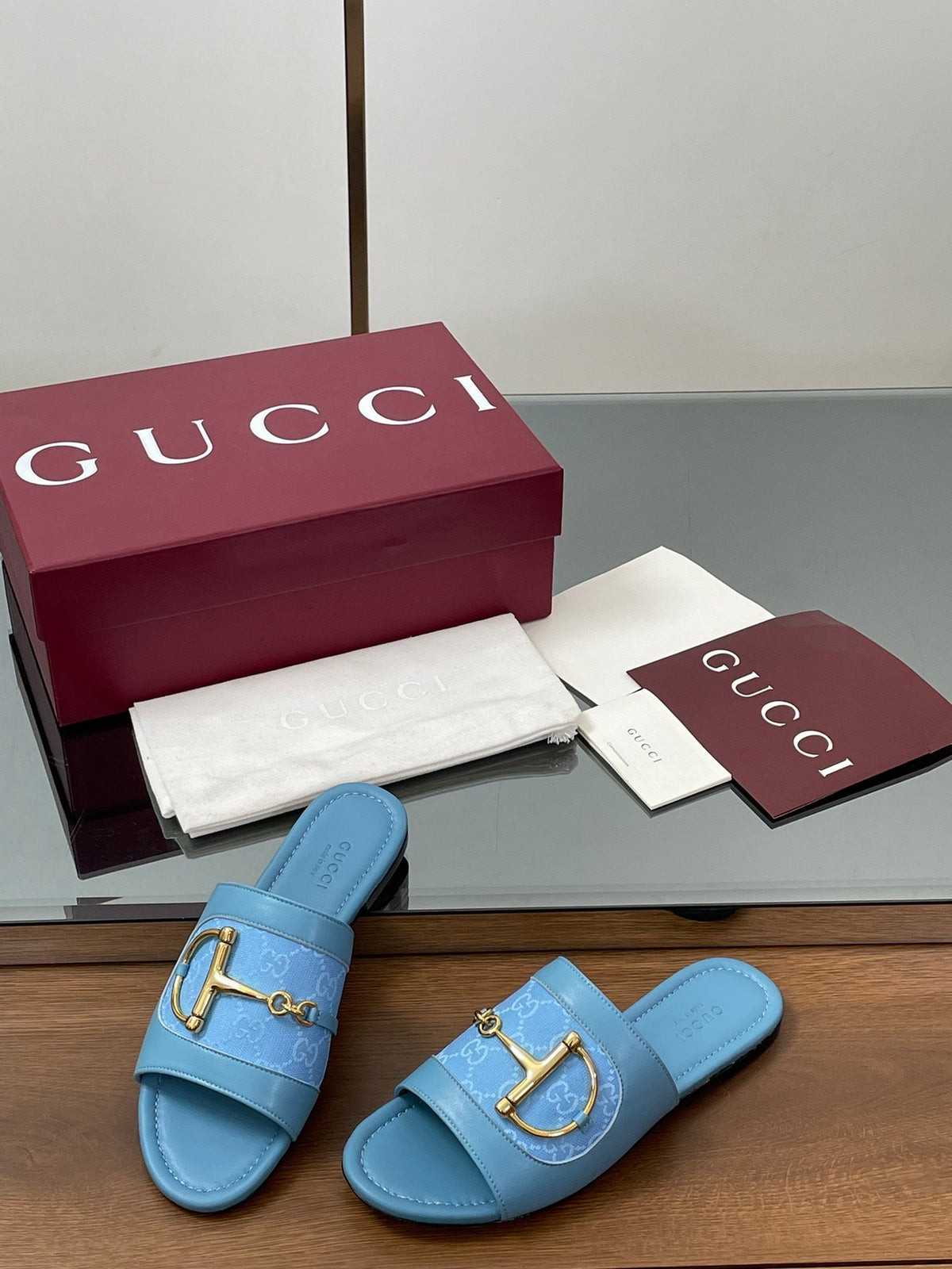 GG D-Shaped Sandals Blue Sheepskin Canvas 646460