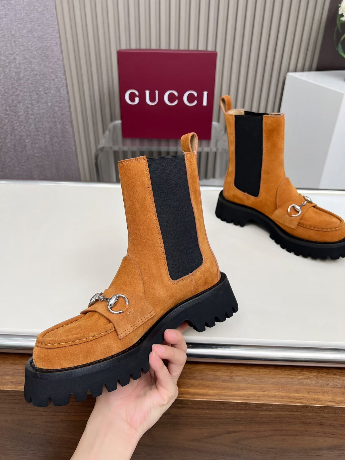 Gucci Ankle Boot with Horsebit Light Brown Suede 476795