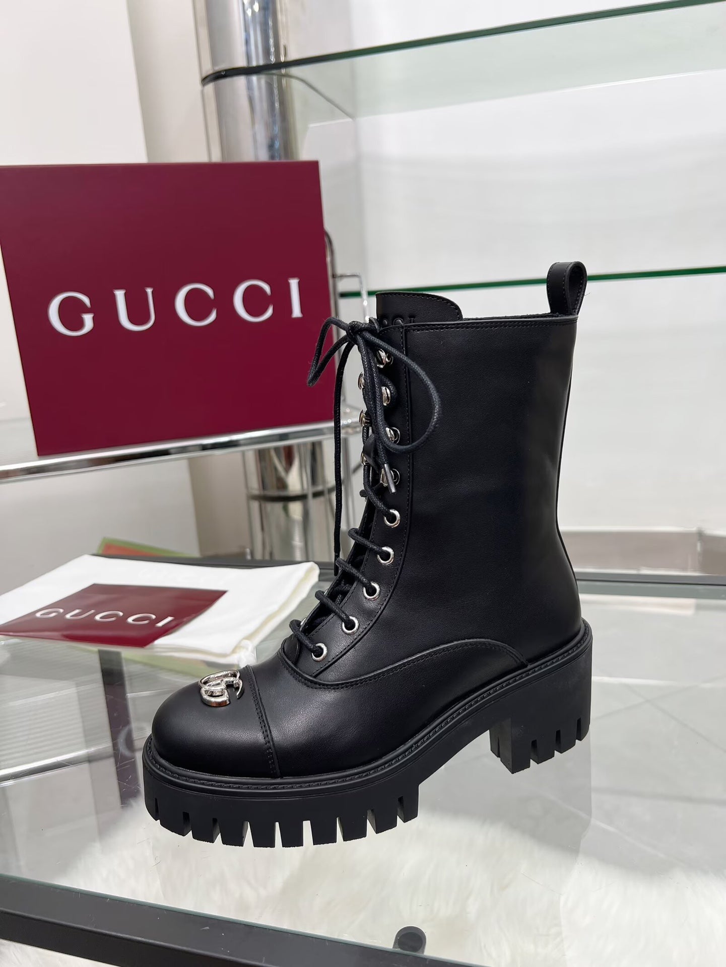 GG Platform Combat Boots Black Cowhide 476792