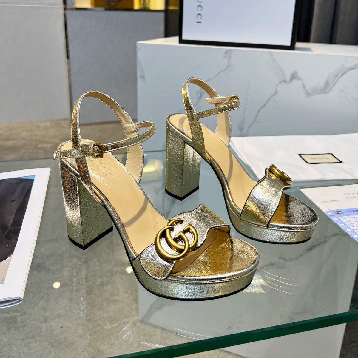 GG 26s Marmont Sandals 10cm Sandals Light Gold Metalic Leather 926708