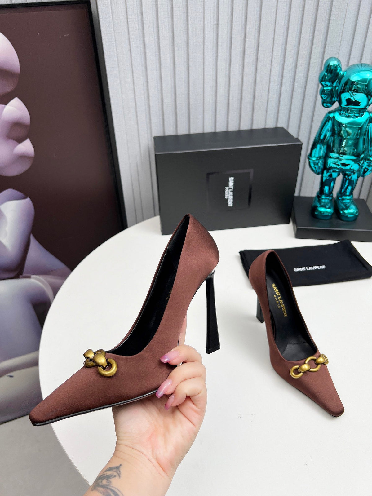 YSL Hermione Pump 11cm Brown Silk 680397
