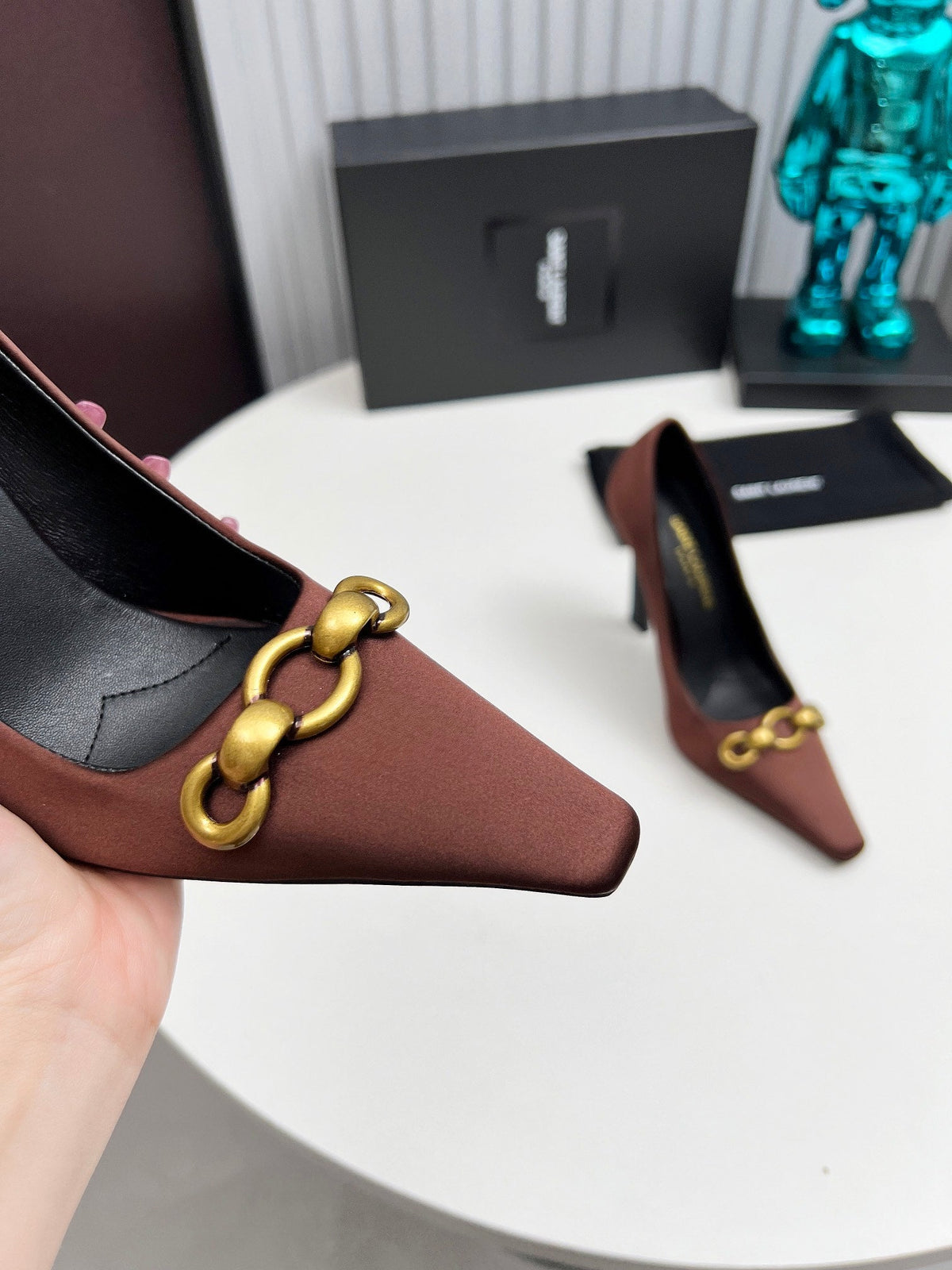 YSL Hermione Pump 11cm Brown Silk 680397