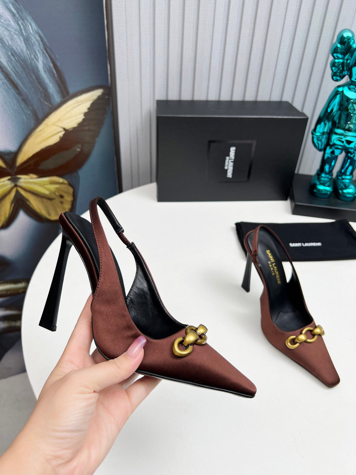 YSL Hermione Slingback 11cm Brown Silk 680403