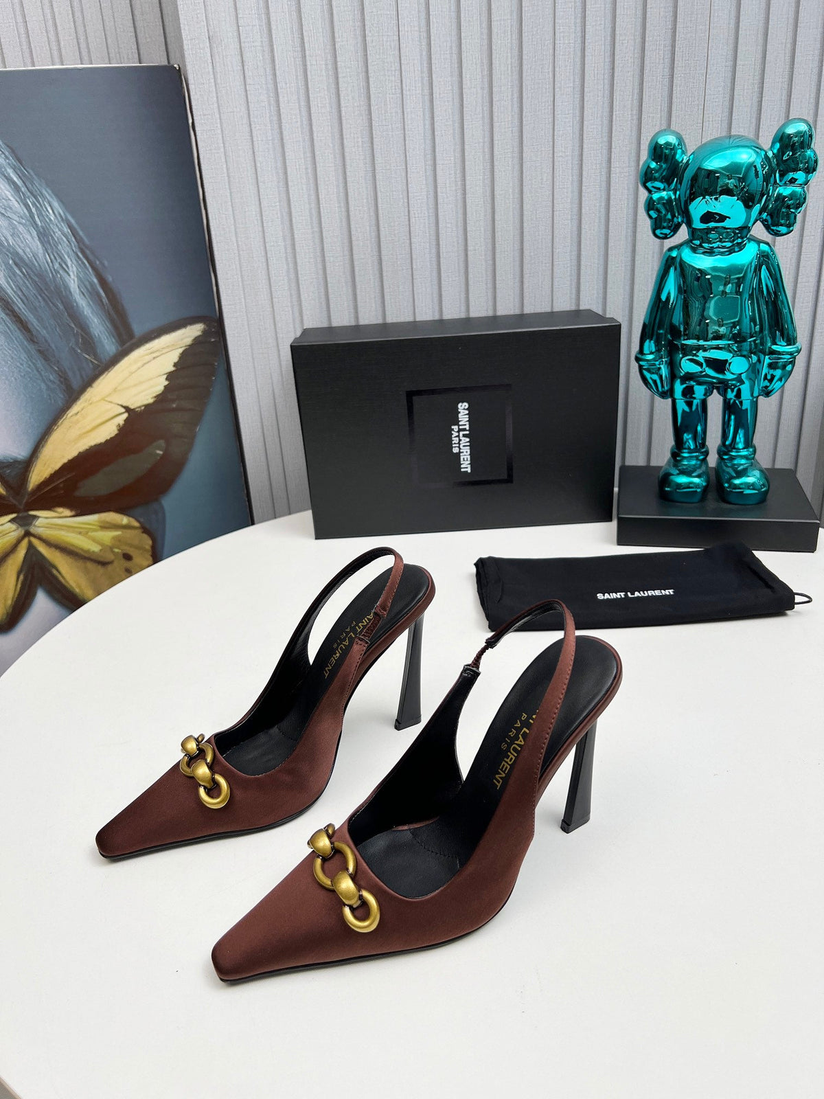 YSL Hermione Slingback 11cm Brown Silk 680403