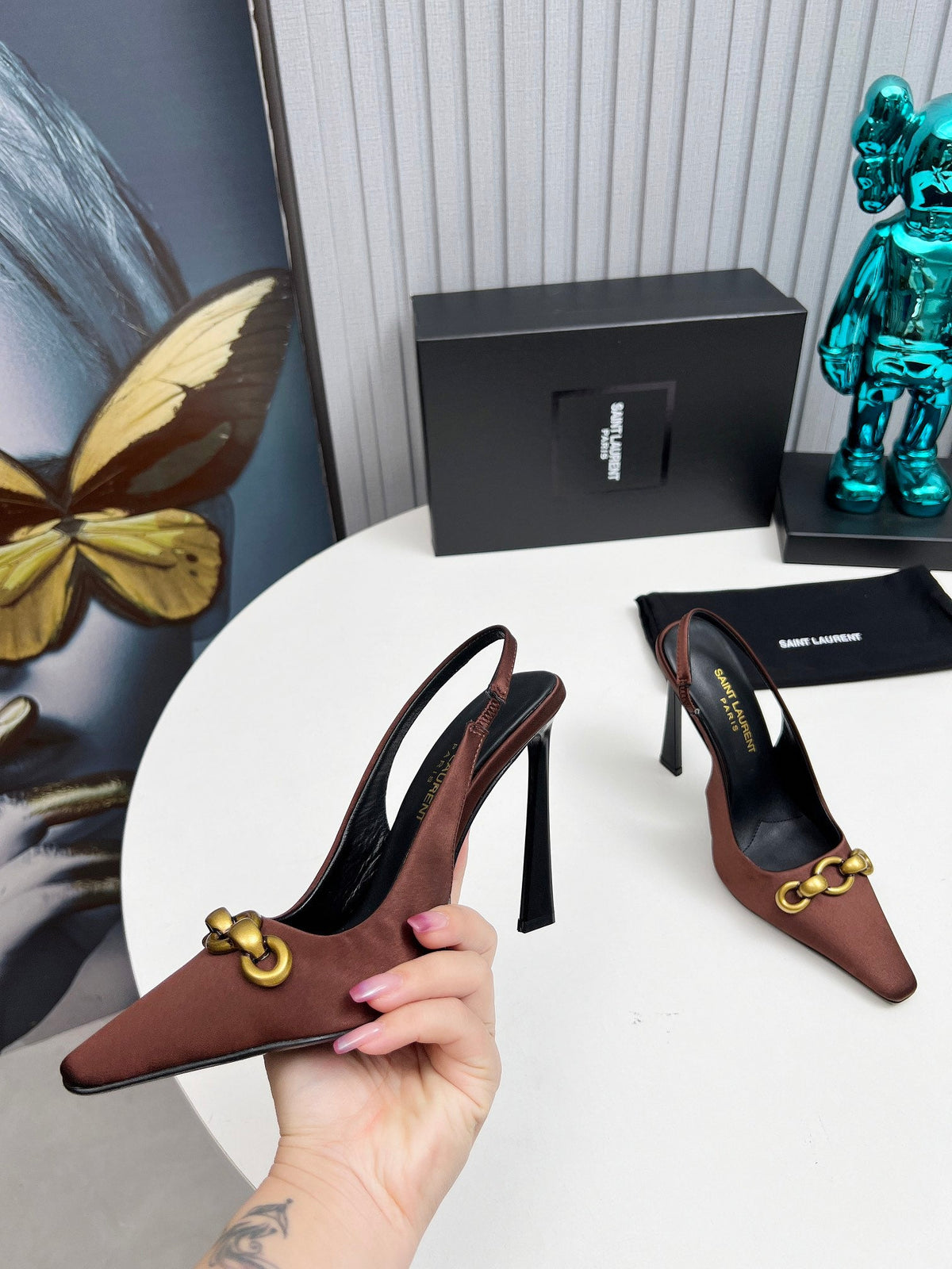 YSL Hermione Slingback 11cm Brown Silk 680403