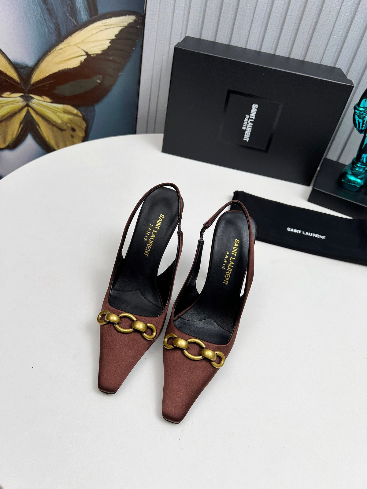 YSL Hermione Slingback 11cm Brown Silk 680403