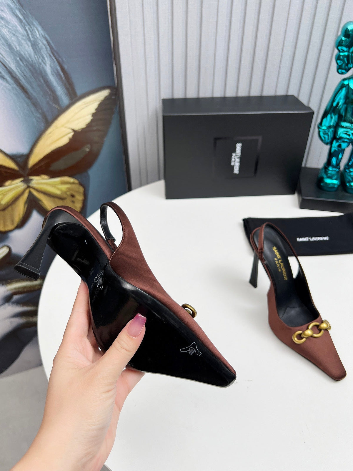 YSL Hermione Slingback 11cm Brown Silk 680403