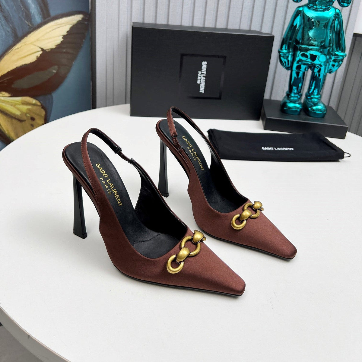 YSL Hermione Slingback 11cm Brown Silk 680403
