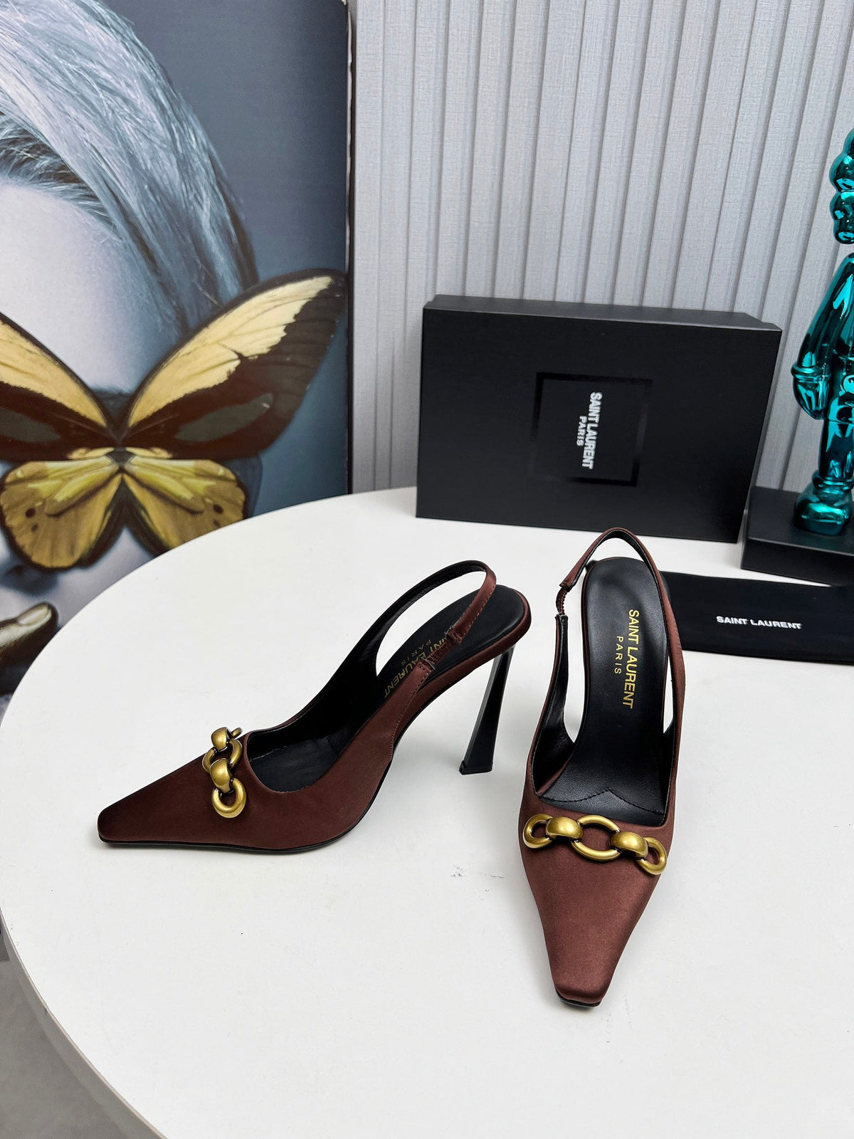 YSL Hermione Slingback 11cm Brown Silk 680403