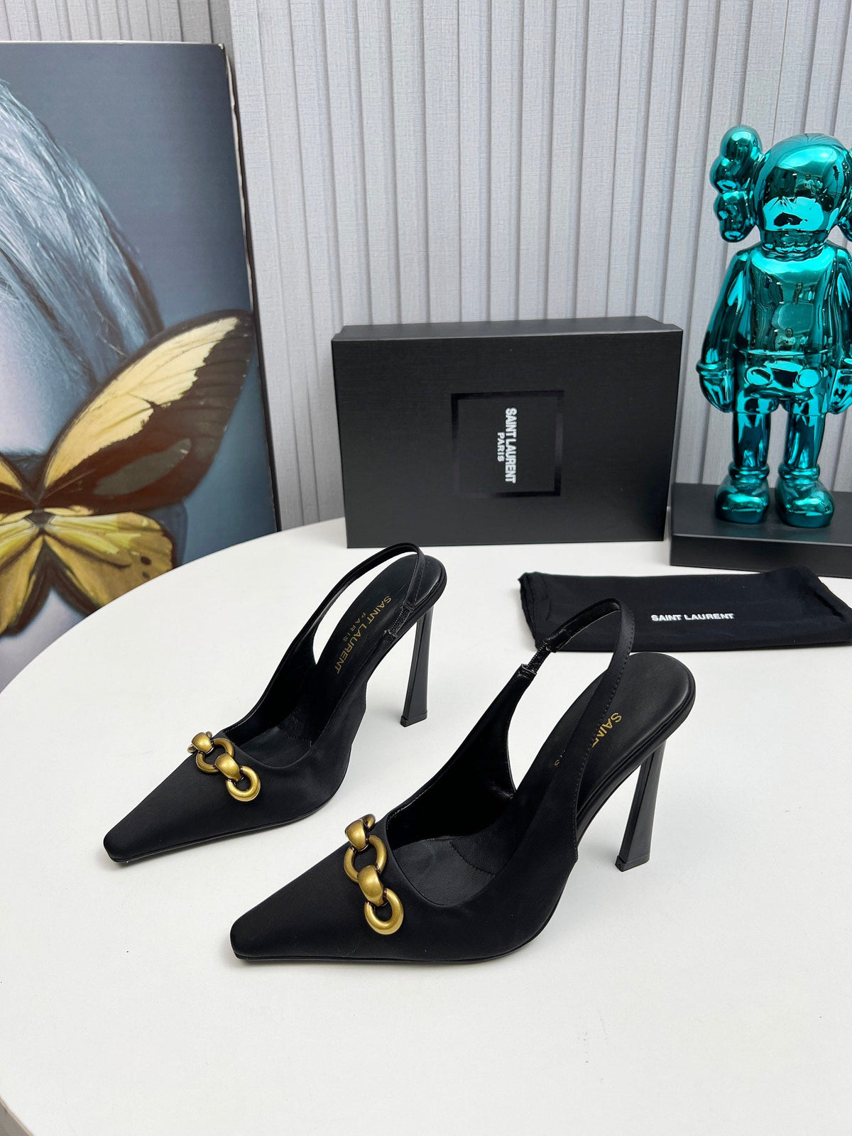 YSL Hermione Slingback 11cm Black Silk 680404