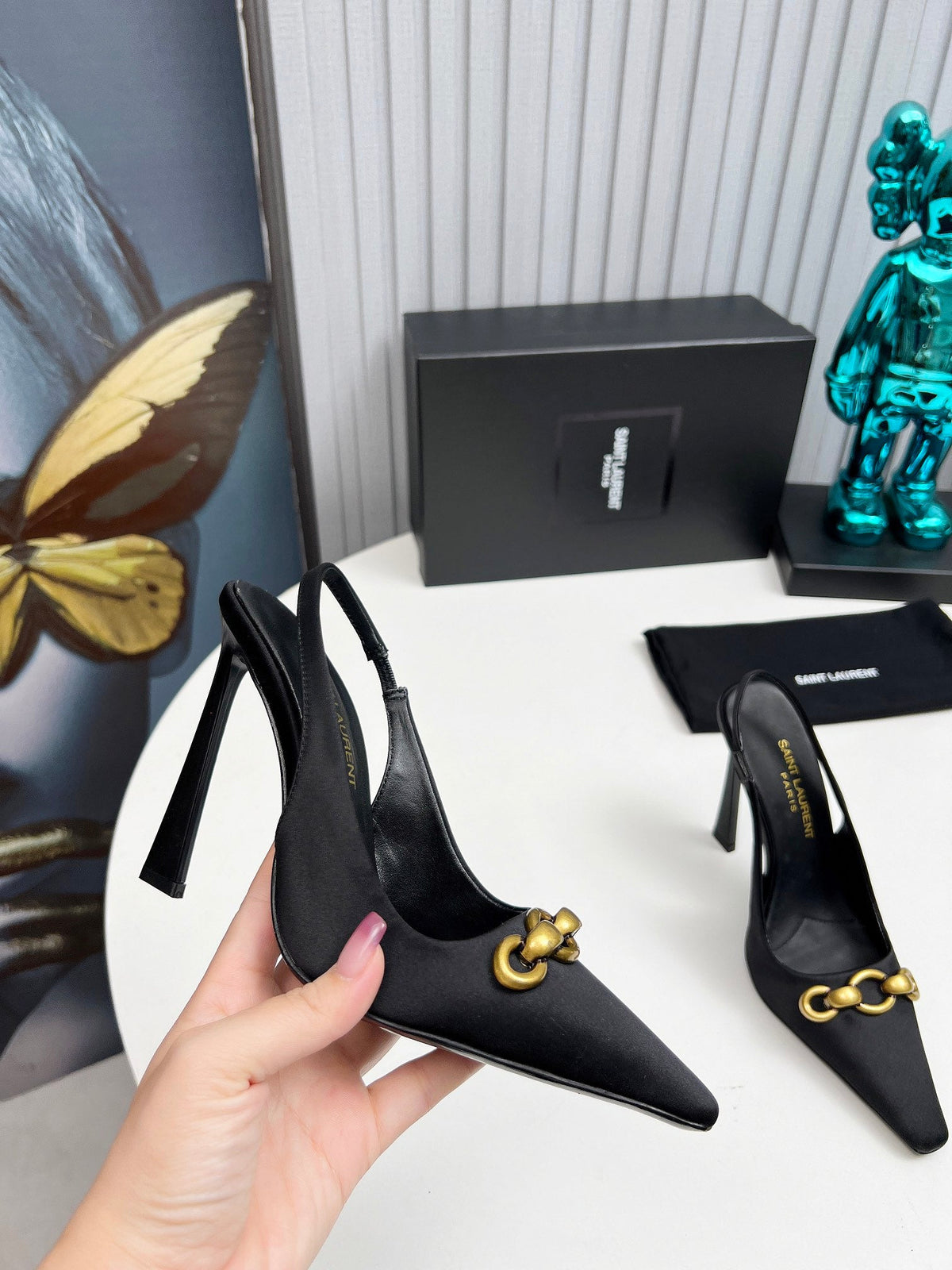 YSL Hermione Slingback 11cm Black Silk 680404