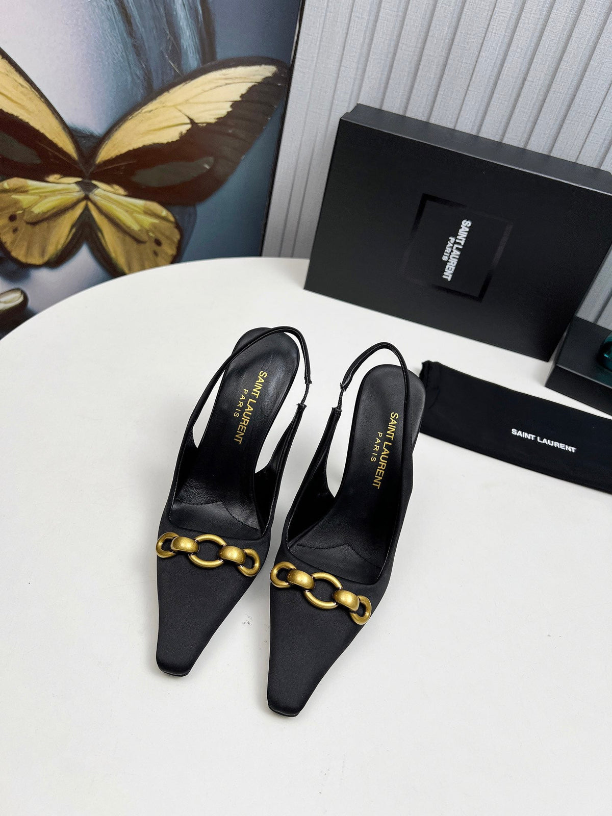 YSL Hermione Slingback 11cm Black Silk 680404