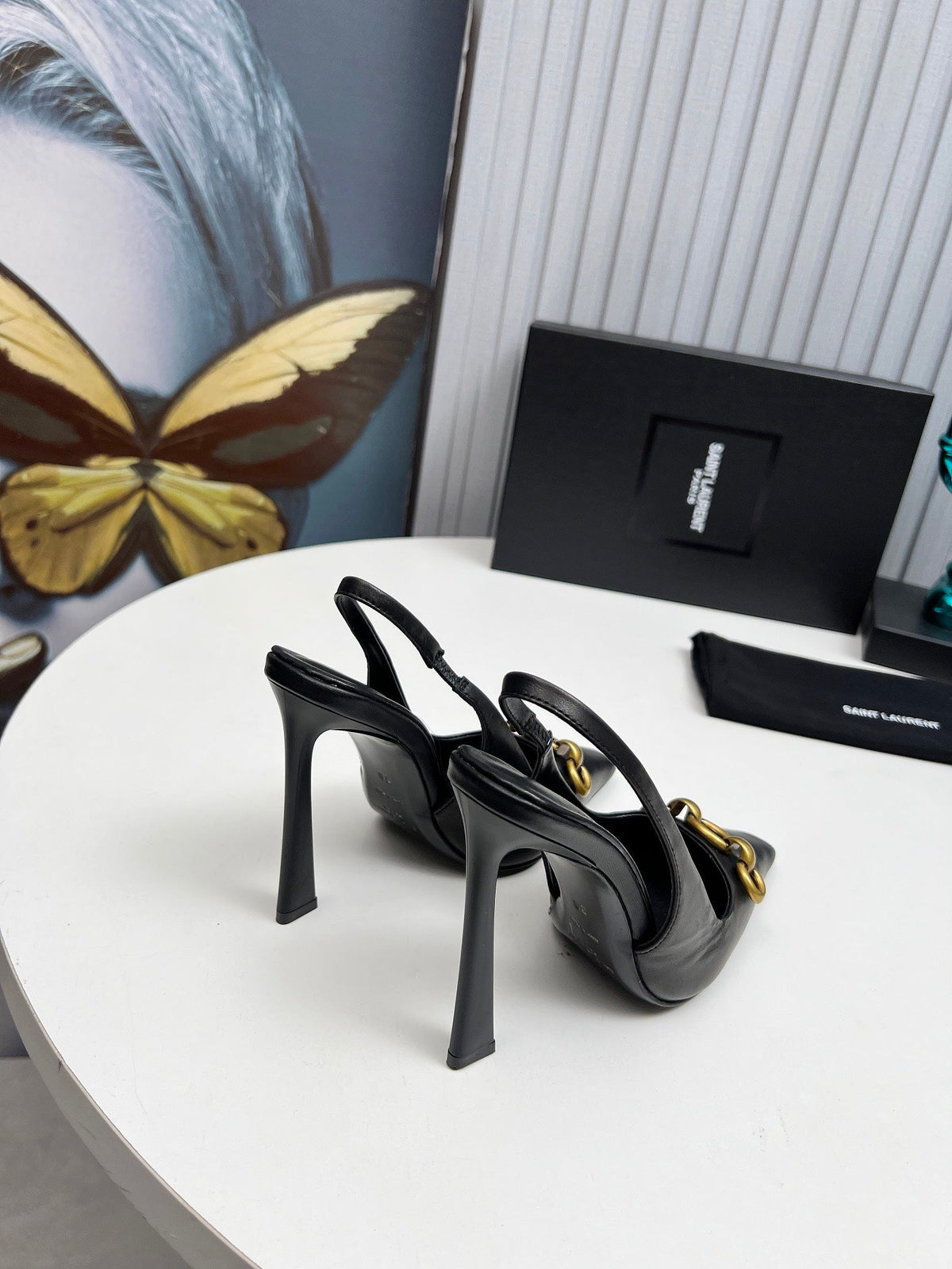 YSL Hermione Slingback 11cm Black Sheepskin 680405