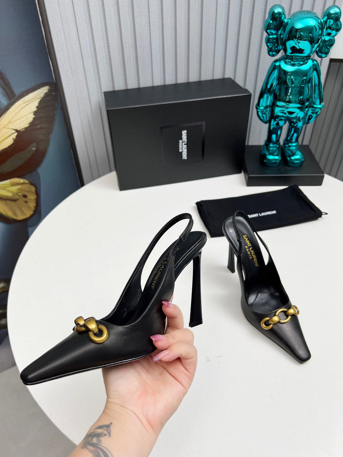 YSL Hermione Slingback 11cm Black Sheepskin 680405