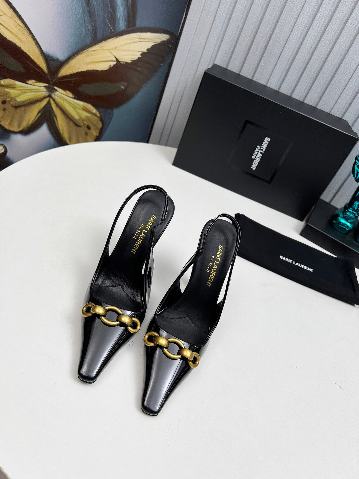 YSL Hermione Slingback 11cm Black Patent Leather 680406