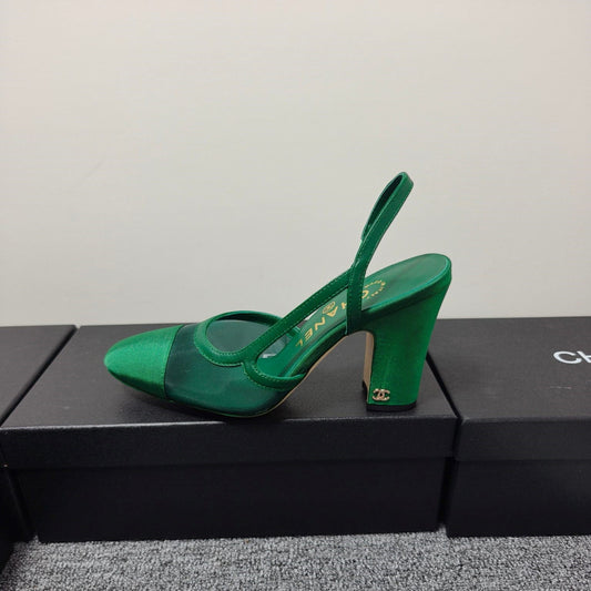 CC 26s Slingback 9.5cm Green Mesh Fabric Sheepskin 681987