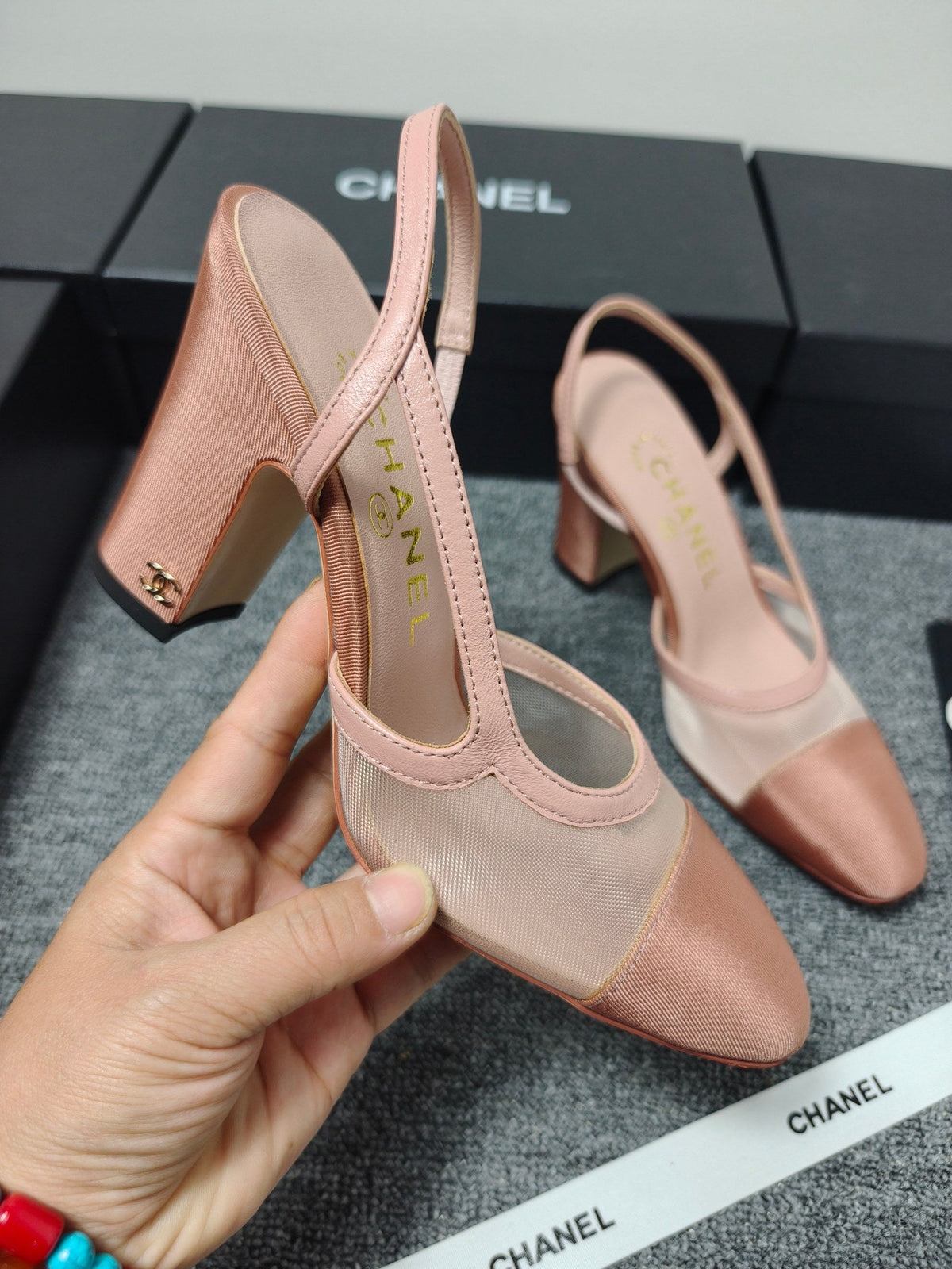 CC 26s Slingback 9.5cm Pink Mesh Fabric Sheepskin 681988