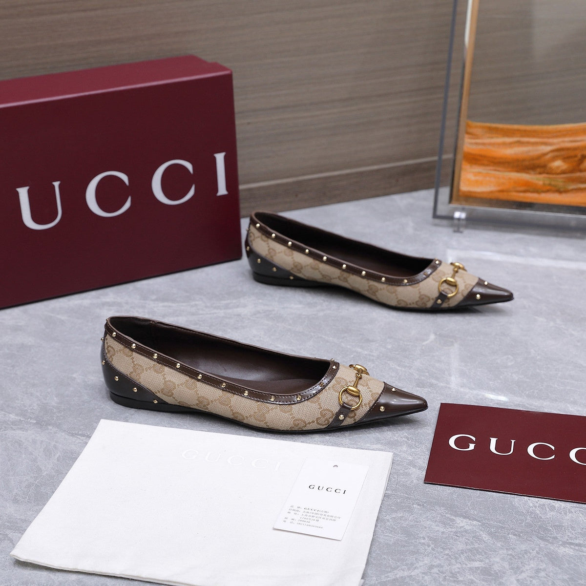 GG Savoy Ballerina Beige Brown Denim Leather 864281