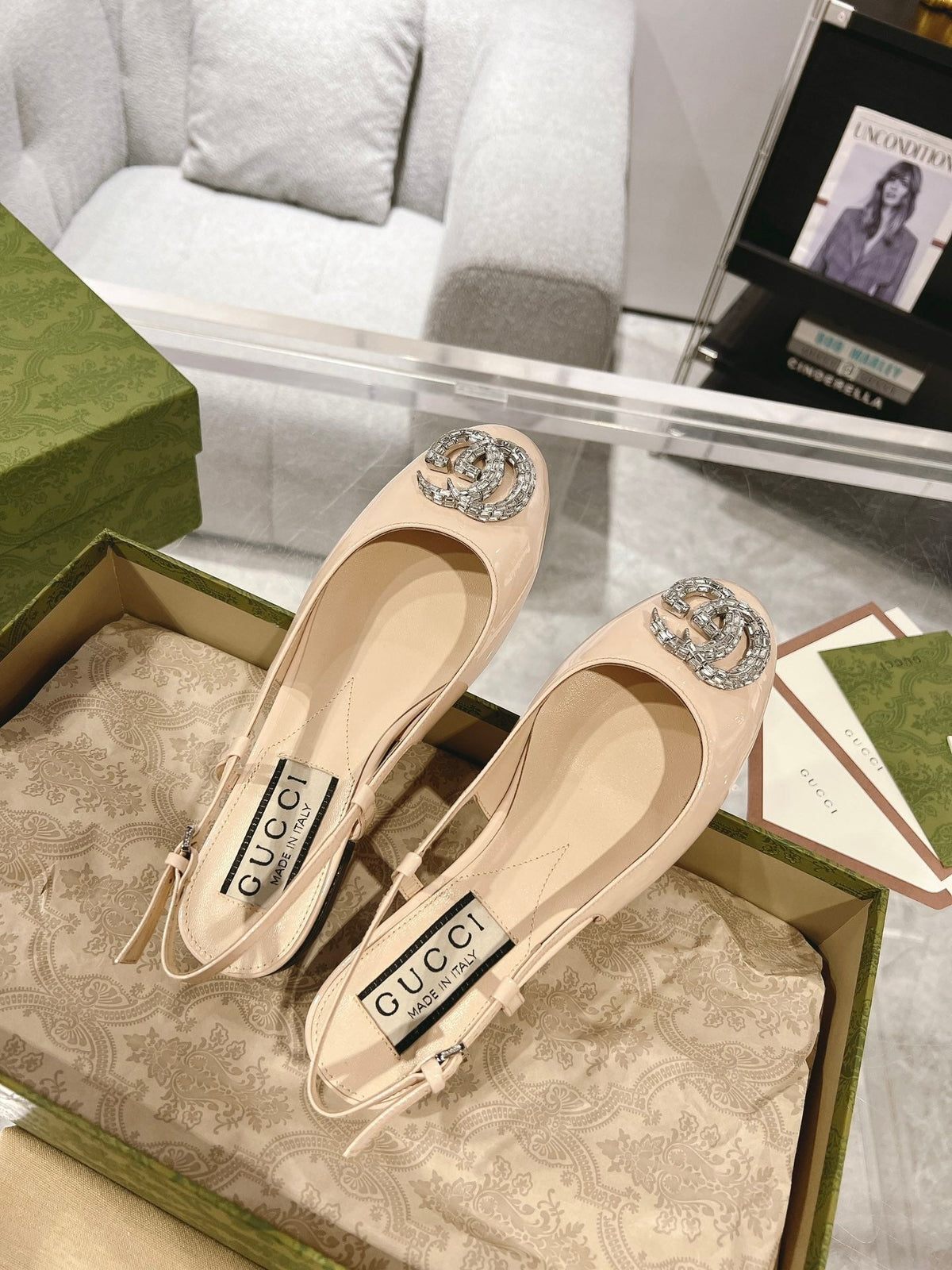 GG CRYSTALS SLINGBACK BALLET CREAM CALFSKIN