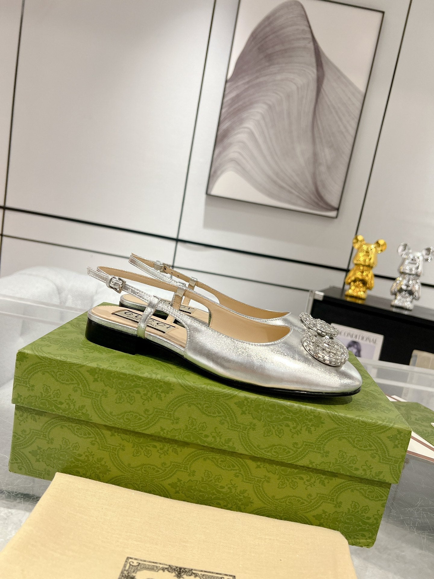 GG CRYSTALS SLINGBACK BALLET SILVER CALFSKIN