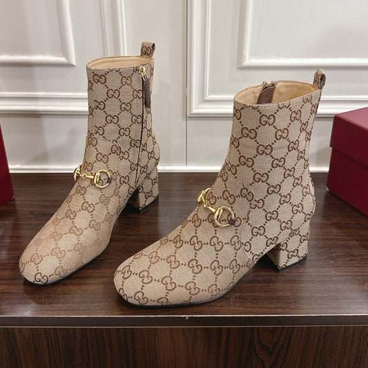 Gucci Horsebit Chunky Heel Ankle Boots Brown Beige Cowhide Fabric 490559