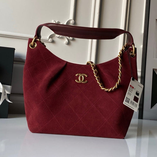 Chanel 2025 Hobo Bag 31cm Red Suede With Gold Hardware 320285