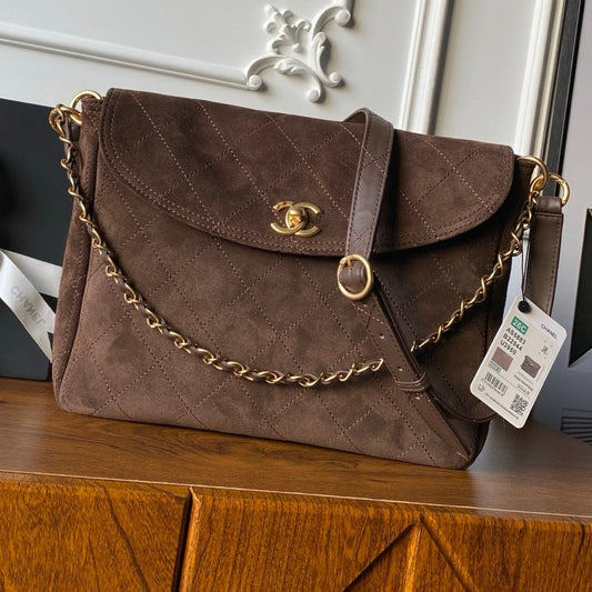 Chanel 2025 Messenger Bag 30cm Brown Suede Gold Hardware 321011