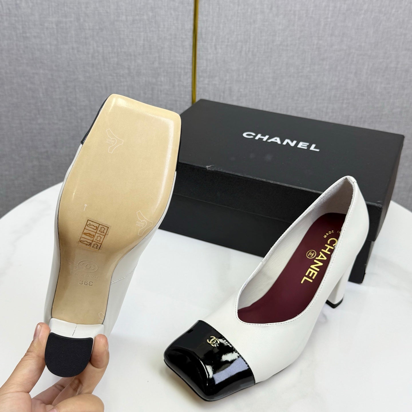 CC Square Toe Slingback Black White Sheepskin Patent Leather 541130
