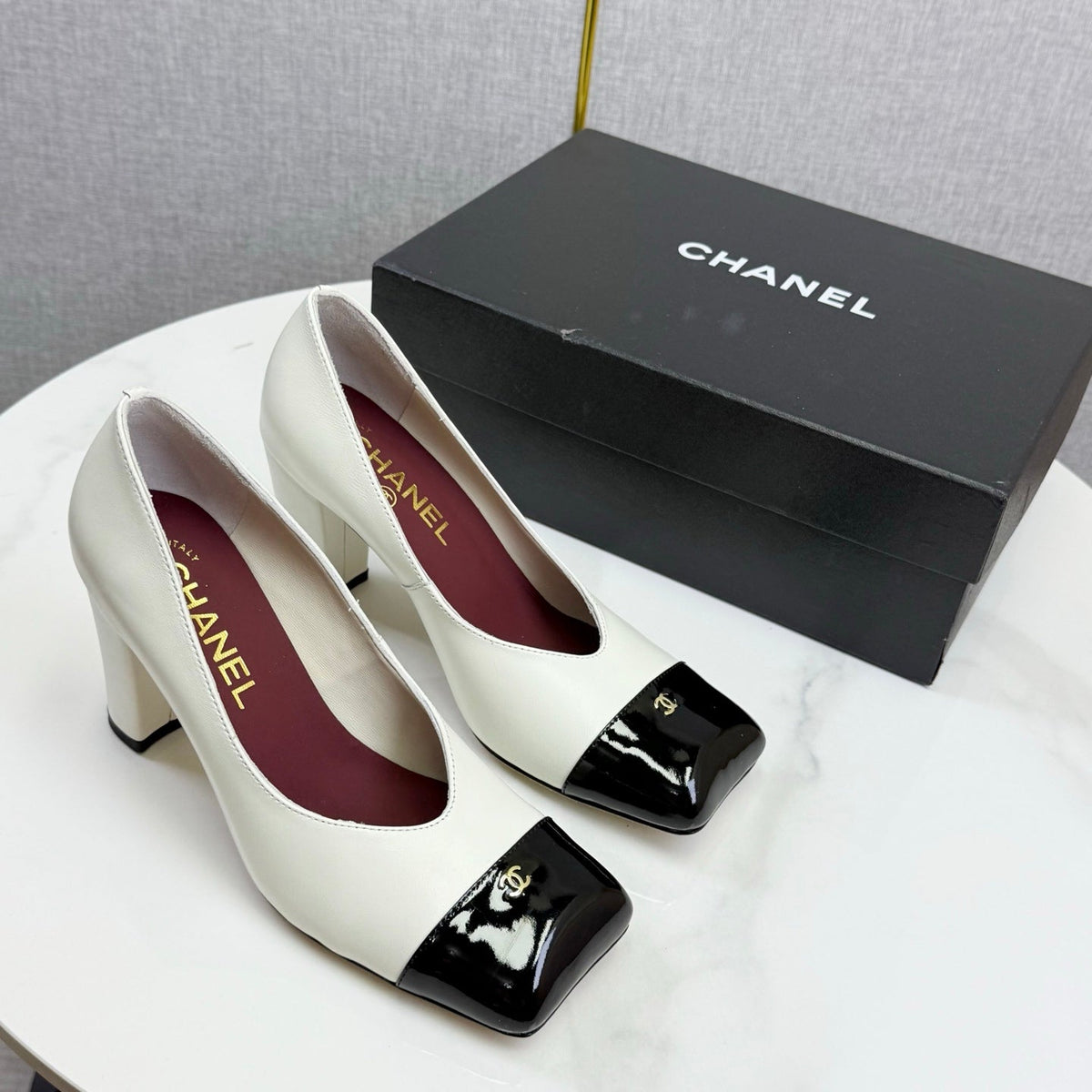 CC Square Toe Slingback Black White Sheepskin Patent Leather 541130