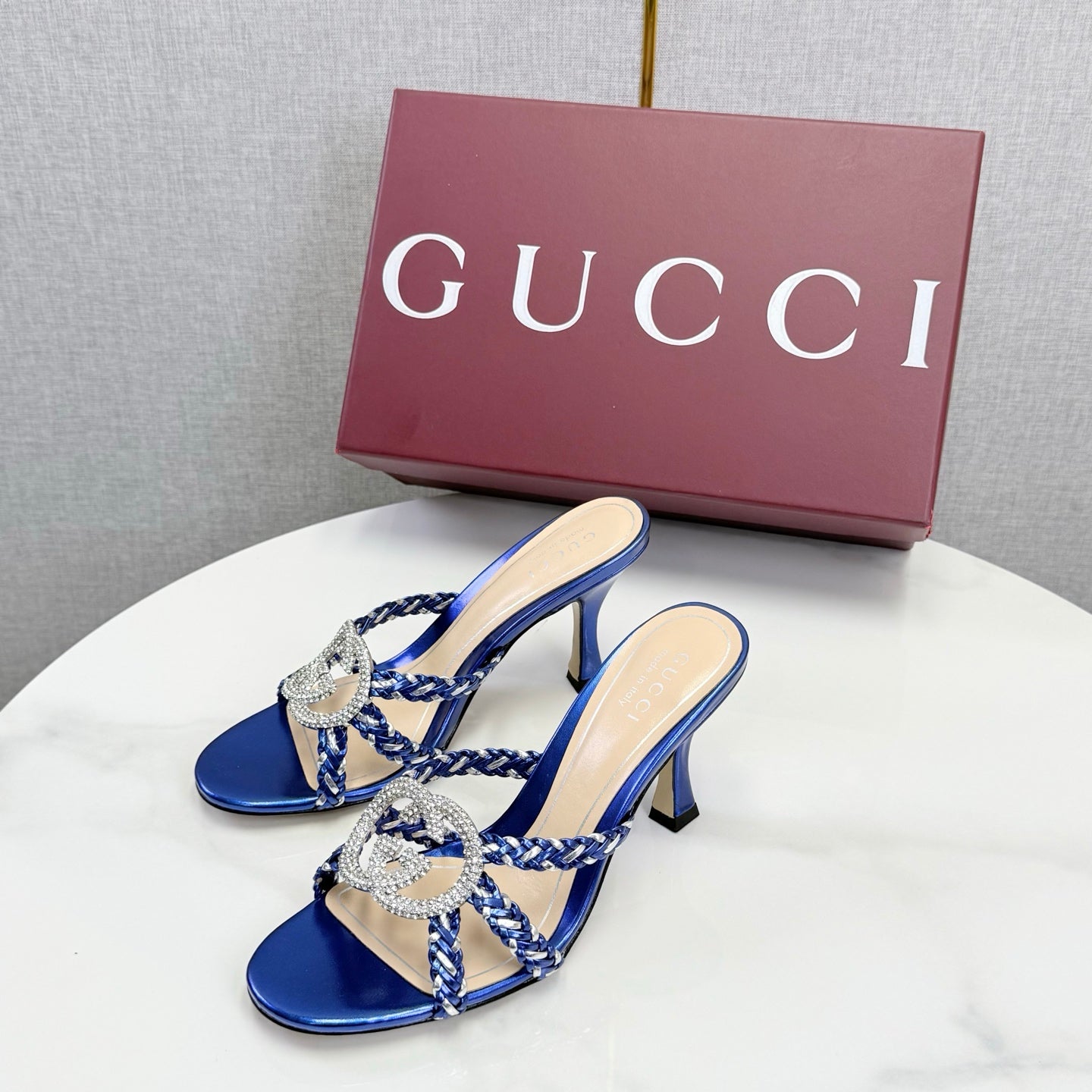 GG 26s Sandals 6.5cm With Crystal Interlocking G Dark Blue Leather 639950