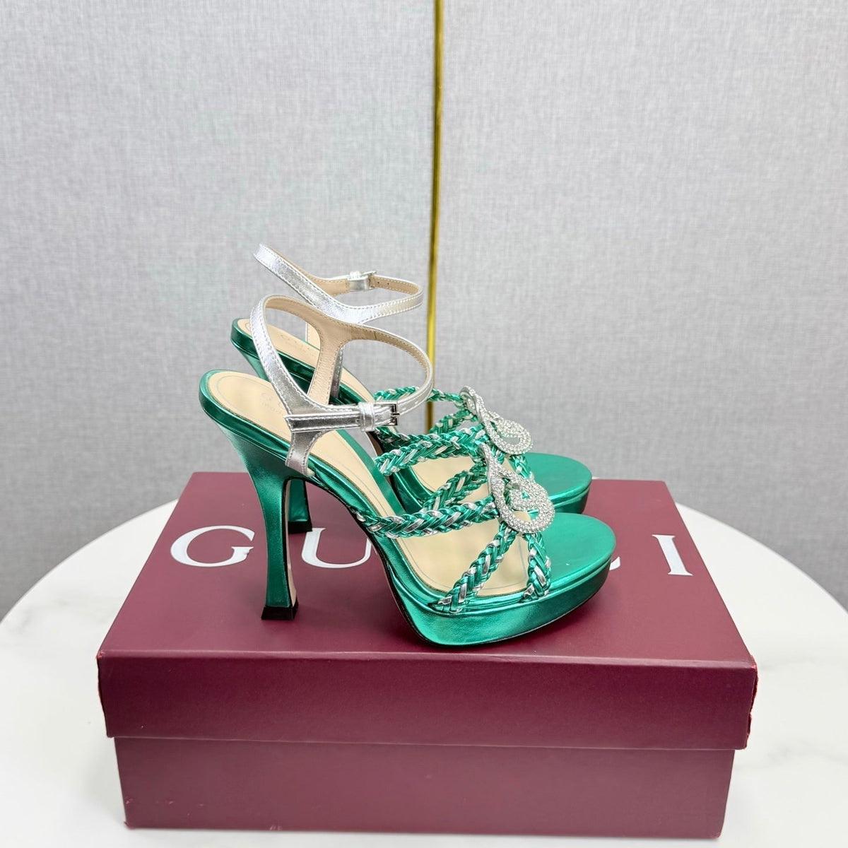 GG 26s Sandals 10.5cm With Crystal Interlocking G Teal Green Leather 639954