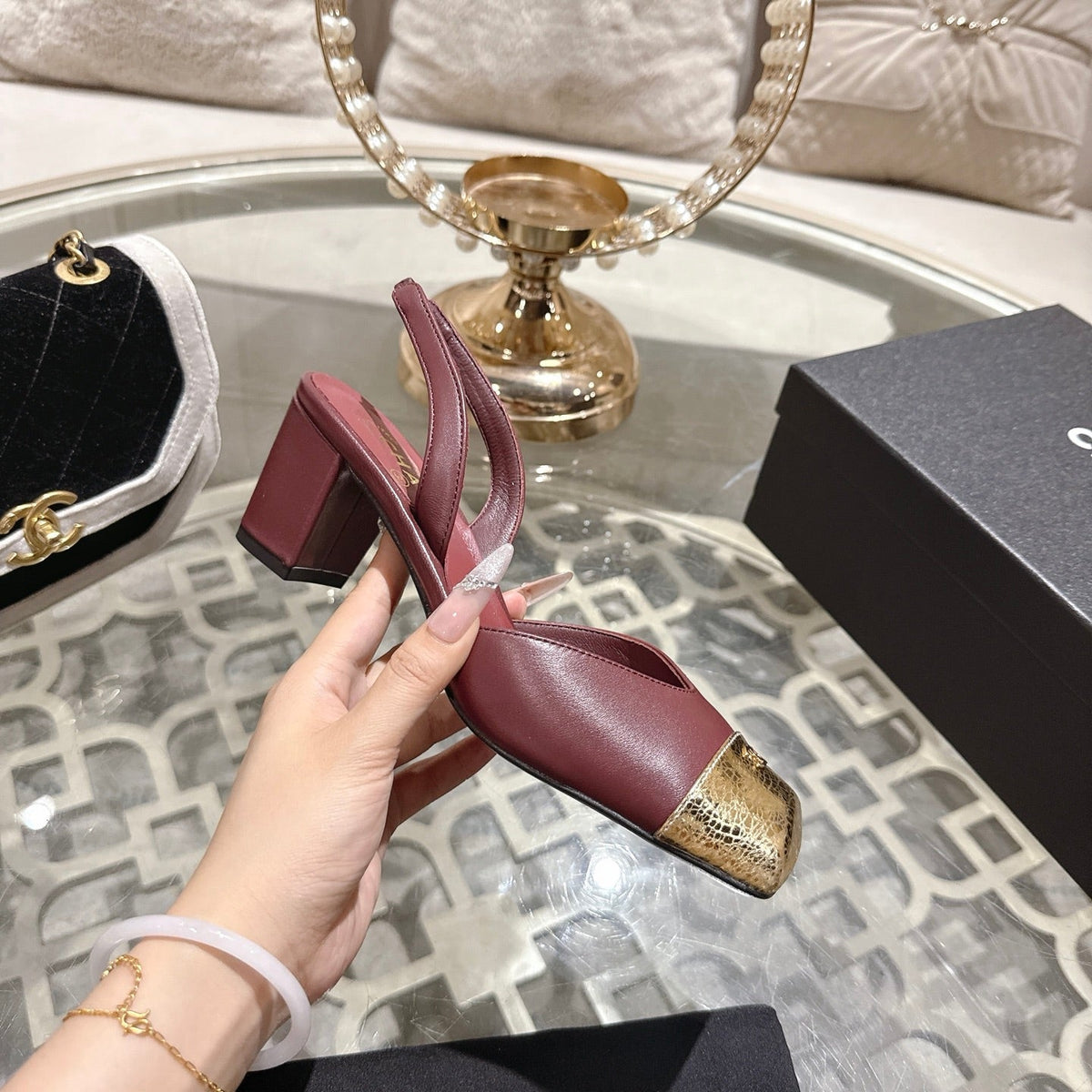CC 26s Square-Toe High-Heeled Slingbacks 6cm Burgundy Gold Leather 736098