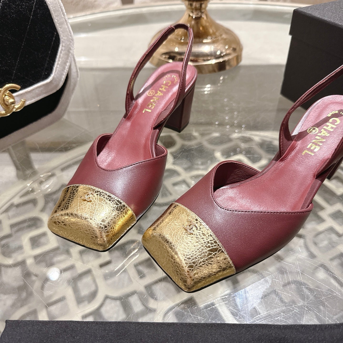 CC 26s Square-Toe High-Heeled Slingbacks 6cm Burgundy Gold Leather 736098