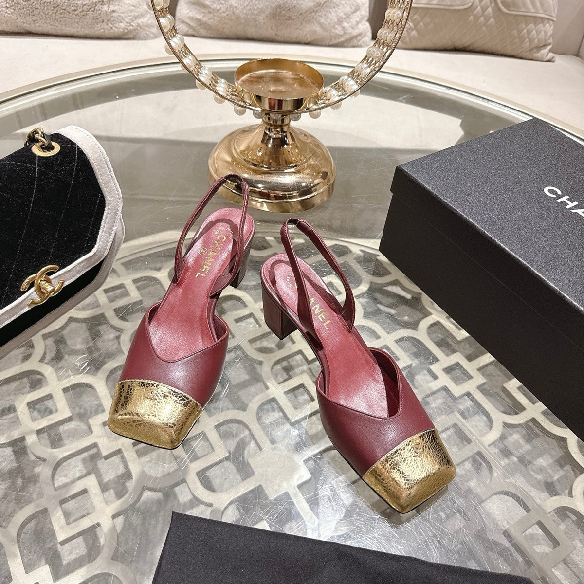 CC 26s Square-Toe High-Heeled Slingbacks 6cm Burgundy Gold Leather 736098